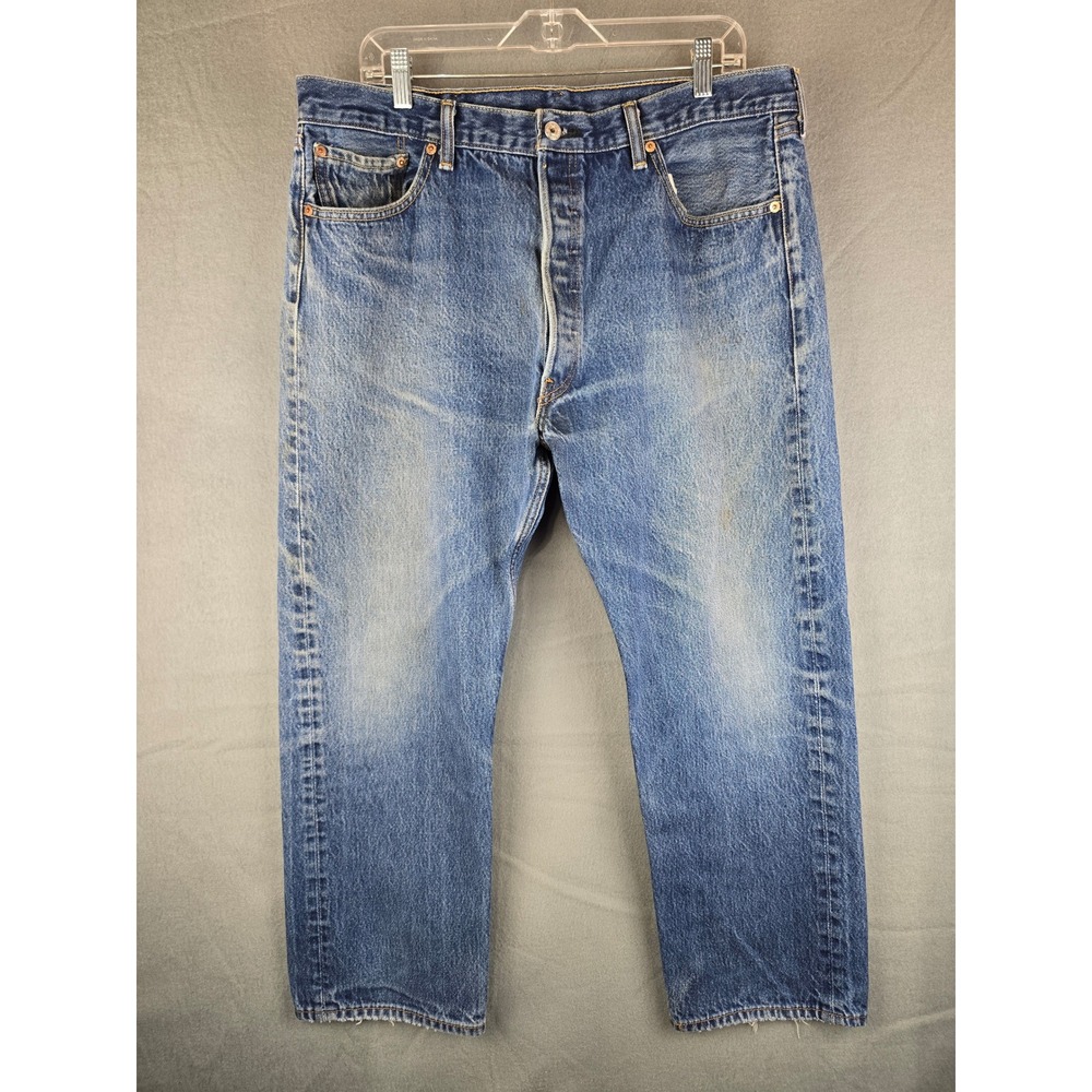 Levi 501 Straight leg Blue Jeans Red Tab Distressed Stained Blue Wash Work 40x30